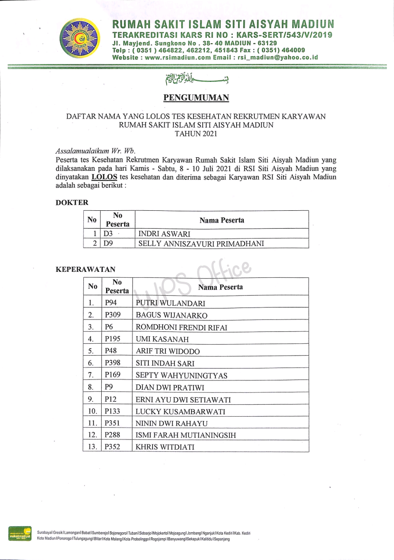 daftar nama yang lolos tes kesehatan rekrutmen RSI Siti Aisyah Madiun tahun 2021